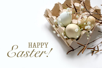 Happy Easter.Greeting banner postcard with decorative eggs in a basket of pastel colors...