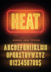 Hot sign with orange neon bold narrow alphabet on dark brick wall background. Vector illustration