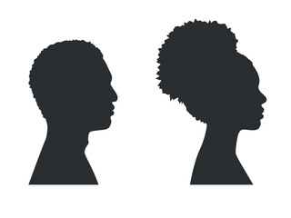 Silhouettes of man and woman with a curly hairs. Outlines of people in profile. Vector illustration