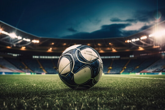 Modern soccer ball lying on green grass on stadium at night. Generative AI