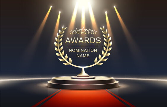 Awards nomination name podium, golden prize event, scene star ceremony. Vector illustration