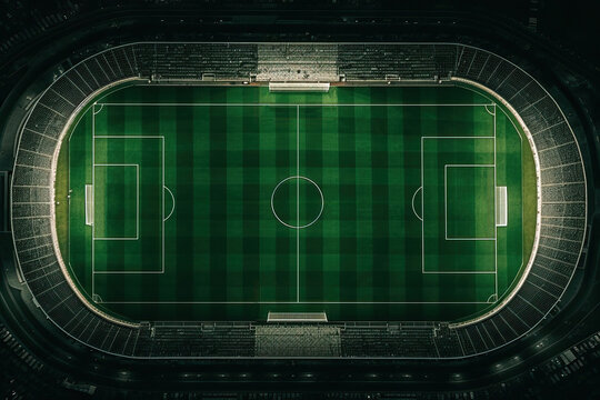 Aerial view of illuminated soccer stadium at night. Generative AI