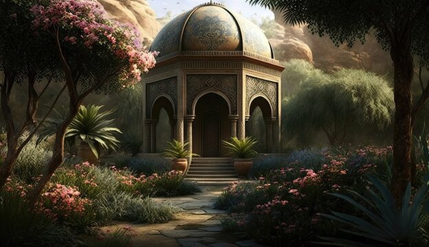 Islamic gardens are carefully curated spaces designed to offer a sense of peace and tranquility. Generated by AI.