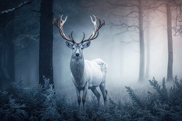 majestic white deer in misty forest, surrounded by mystical atmosphere, created with generative ai