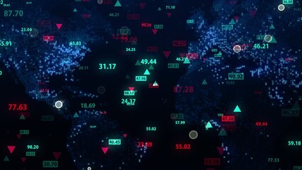 Changing stock market data against the backdrop of a digital map of the Earth. Stationary camera. Movements in the financial market. Virtual display of quotes. Looped, 4K
