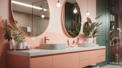 A stylish modern bathroom counter featuring pastel colors and a fresh plant accent, created by AI.