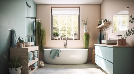 Fototapeta na wymiar A stylish modern bathroom counter featuring pastel colors and a fresh plant accent, created by AI.