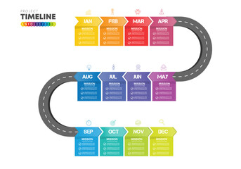 Road map infographic 12 steps timeline concept. Winding road. Vector illustration.