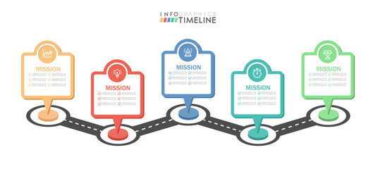 Road map infographic 5 steps timeline concept. Winding road. Vector illustration.