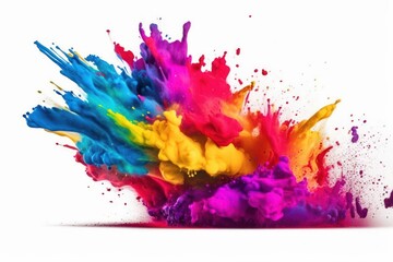 Fototapeta na wymiar Colourful paint splashes, Coloured powder explosion. Paint Holi, Mix rainbow splash on isolated white background - Generative AI Illustration