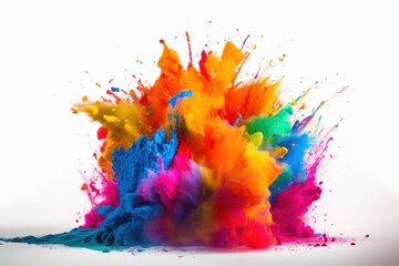 Fototapeta na wymiar Colourful paint splashes, Coloured powder explosion. Paint Holi, Mix rainbow splash on isolated white background - Generative AI Illustration