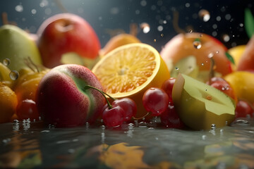 Fruit splashes with drops of water on wooden table, closeup. Generative AI technology. 

