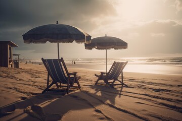 Beach chairs on the white sand beach with cloudy blue sky and sun. Chairs and umbrella on a beautiful tropical beach. Generative Ai.