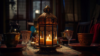 Close up with lantern light lamps in islamic background