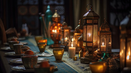 Iftar table decorated with candles and glowing lanterns