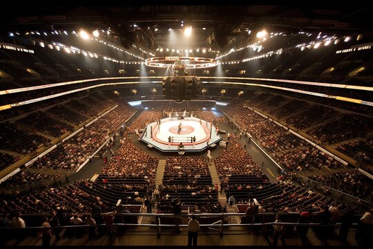 Boxing fight ring. Fans view of sport arena with shining spotlights Generative Ai.