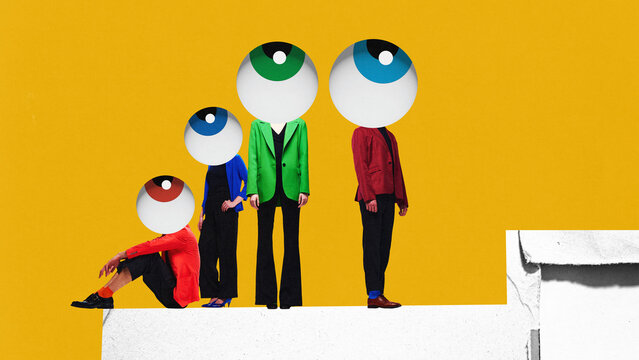 People in multicolored jackets headed with giant eyes against yellow background. Uninterested and uncaring. Contemporary art collage.