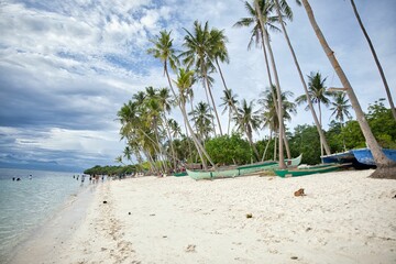 Fototapeta na wymiar Dreamlike idyllic beach of Siquijor in the Philippines with palm trees and wooden boats along the beach.
