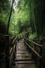 Obraz premium Scenery of Bamboo forest in spring surrounded by silence. Path to bamboo forest. Generative Ai.