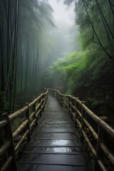 Scenery of Bamboo forest in spring surrounded by silence. Path to bamboo forest. Generative Ai.