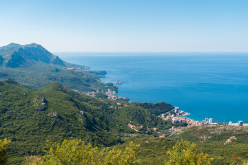 view from the top of the mountain, Beautiful Montenegro mountains and coastal city Budva in distance