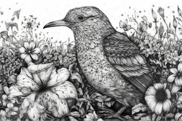 bird amidst a field of flowers in black and white. Generative AI