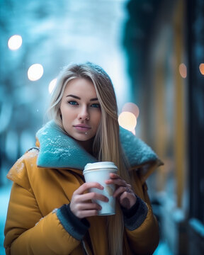 Beautiful blond girl drinking hot beverage in cold winter day. Generative AI.