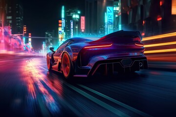 Fototapeta premium Futuristic Sports Car On Neon Highway. Powerful acceleration of a supercar on a night track with colorful lights and trails. 3d illustration. Generative Ai.