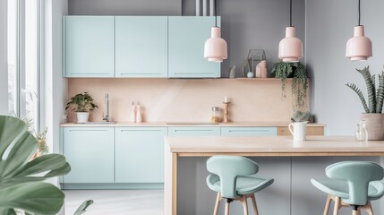 A chic modern kitchen featuring pastel colors and a refreshing plant accent, created by AI.