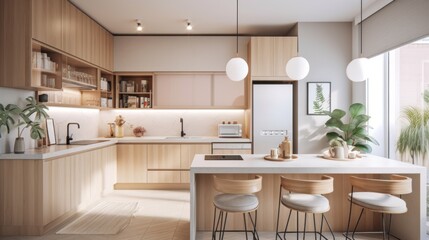 A chic modern kitchen featuring pastel colors and a refreshing plant accent, created by AI.
