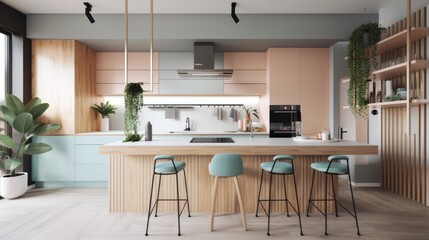 A chic modern kitchen featuring pastel colors and a refreshing plant accent, created by AI.
