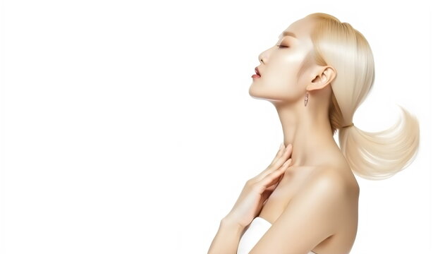 blonde eurasian woman from side view with white background copy space, made with generative ai