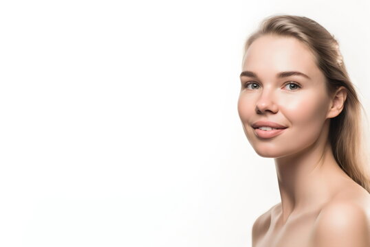 beautiful smiling blonde woman with white background copy space, made with generative ai