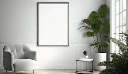 White blank poster mockup in living, scandinavian style, Generative ai