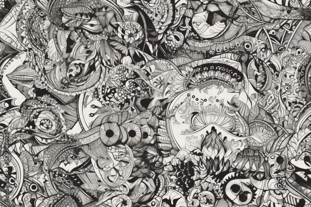 Poster various objects in black and white. generative ai