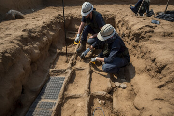 Archaeologists excavate old solar panels, discovering a link between past and present technology and ideas. Conceptual image, fake. Generative AI.