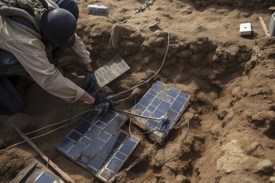 A concept from the past becomes a reality of the future as archaeologists uncover old solar panel technology, inspiring new ideas in alternative energy. Conceptual image. Generative AI .