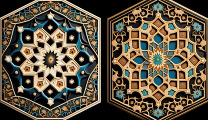 Intricate geometric tile patterns in Islamic architecture, showcasing the perfect symmetry and thoughtful design of Islamic art. Generated by AI.