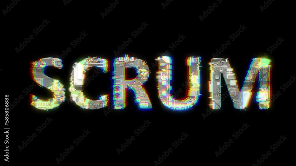 Poster glitch style cybernetic animated text scrum on black background, isolated - loop video