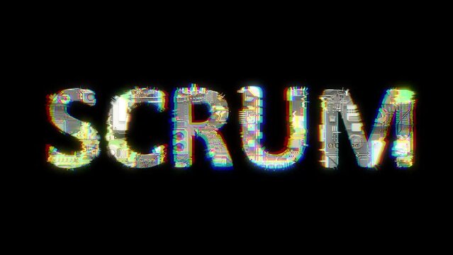 glitch style cybernetic animated text SCRUM on black background, isolated - loop video