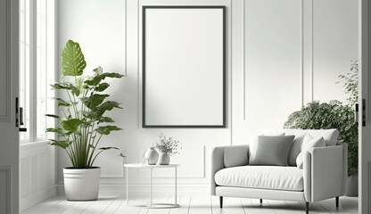 White blank poster mockup in living, scandinavian style, Generative ai