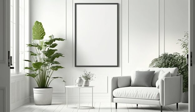 White blank poster mockup in living, scandinavian style, Generative ai © rajesh