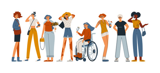 Diversity of people. Vector women of various ages, nationalities, physiques, clothes, hairstyles. Inclusion. Vector flat line illustration