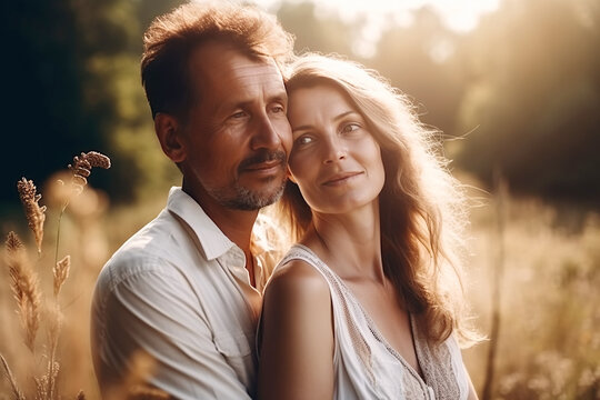 middle-aged couple in love embraces in summer in nature in field at sunset. Generative AI