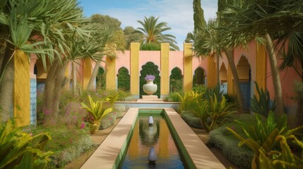 A vibrant Moroccan-inspired botanical garden with water features, designed by AI.