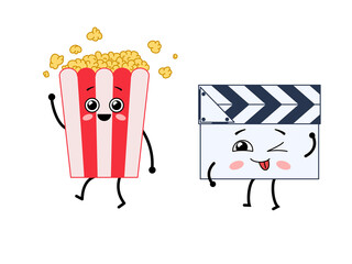 A couple of cute happy characters - popcorn and movie clapperboard. Illustration on transparent background