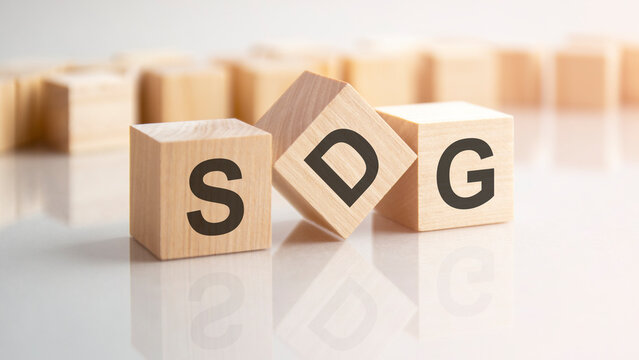 word SDG made with wood building blocks, stock image. background may have blur effect