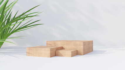 Three square wooden product display podiums with green palm leaves and shadow nature leaves on white background. 3D render