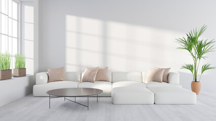 Living room interior mockup with white sofa with pillows, indoor plants, round table, wooden floor and empty white wall background near the window. 3D render