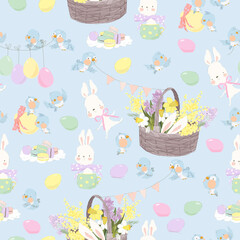 Seamless Pattern with Cute White Bunnies, Flowers and Easter Eggs